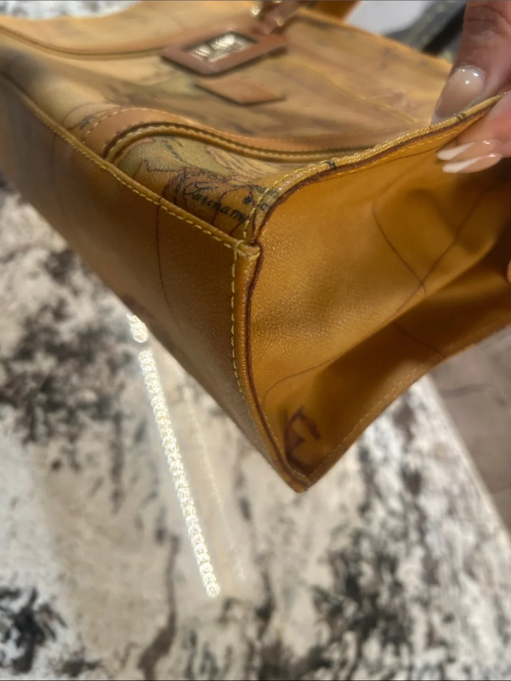 Alviero Martini vtg Tan Map-Print Zip Tote Bag EUC